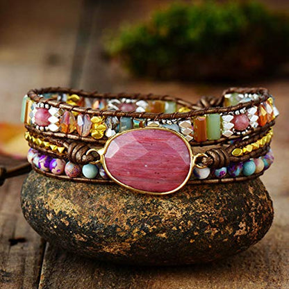 Handmade Boho Wrap Bracelets Natural Turquoise Crystal Stone Variety Beaded Strand Bracelet - color: Red Agate