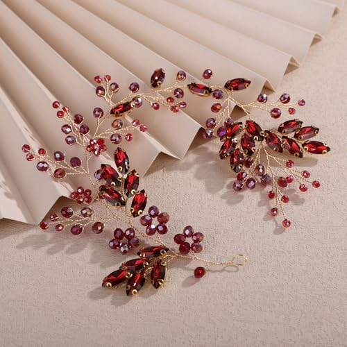 Teyglen Wine Red Rhinestone Wedding Headband Bridal Crystal Flower Hair Vine Handmade Burgundy Crystal Headpiece for Bride Hair Accessories for Women Head Piece(Wine Red) - color: Wine Red
