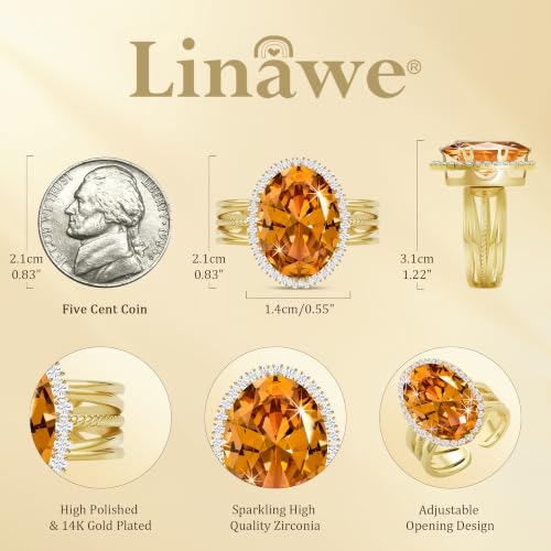 Linawe Costume Jewelry Adjustable Cocktail Ring for Women | Copper, Rhinestone, Cubic Zirconia, Oval, Fake Diamond, Crystal, Stone, Birthstone, Gemstone, Big, Chunky, Statement - color: Yellow Orange
