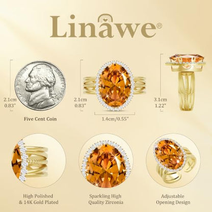 Linawe Costume Jewelry Adjustable Cocktail Ring for Women | Copper, Rhinestone, Cubic Zirconia, Oval, Fake Diamond, Crystal, Stone, Birthstone, Gemstone, Big, Chunky, Statement - color: Yellow Orange