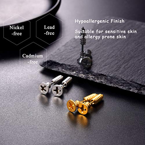 PROSTEEL Stainless Steel Huggie Hoop Earrings for Mens Gold/Black/Silver | Skull/Infinity Pattern, Spike/Cuban Links 4 Design Options Hypoallergenic Lightweight Earring Hip Hop Punk Gothic Jewelry - style: Screw(3 Pairs)