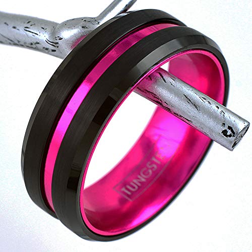 Engraved Personalized 6mm/8mm Brushed Satin Finish Black Tungsten Carbide Band Ring with Hot Pink Stripe & Hot Pink Anodized Aluminum Comfort Fit Inner Band.