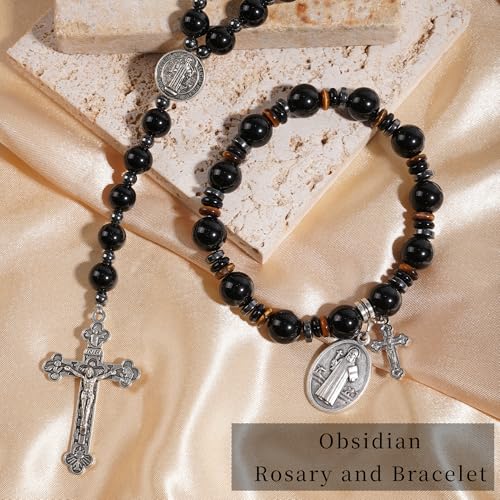 Rosary for Men Women, Natural Stone Beads with St. Benedict Bracelet | 8 mm Natural Stone Prayer Beads with 10 mm Accent Beads, St. Benedict Crucifix, Matching Bracelet, Gift Box and Pouch. - color: Obsidian