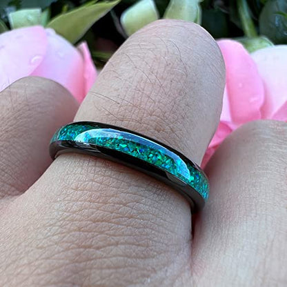 TUTISS 4mm Silver/Black Tungsten Rings for Women Men Engagement Wedding Bands Genuine Blue Green Galaxy Opal Inlay Domed Polished Comfort Fit - color: 4mm Black Tungsten Green Opal