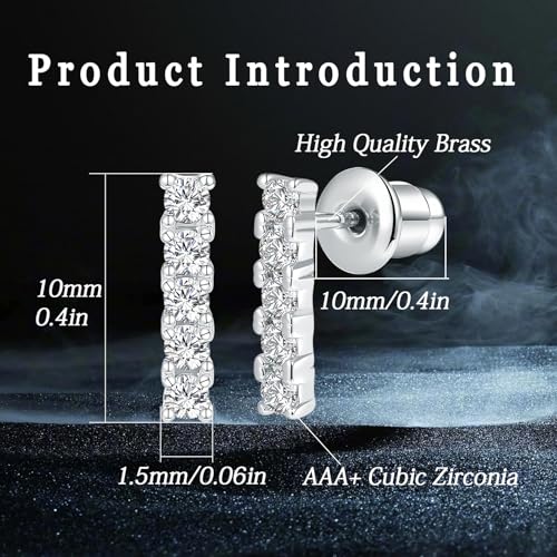 VOLUKA Cubic Zirconia Stud Earrings for Women - Hypoallergenic Earrings for Sensitive Ears - Simulated Diamond CZ - style: Bar-W