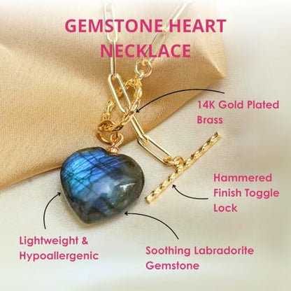 Gempires Gemstone Heart Pendant Necklace for Women, Gold Toggle Birthstone | Handmade gemstone heart pendant necklace — choose from 11 stones and birthstones, gold toggle paperclip chain. - color: Labradorite