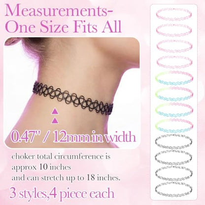 PAGOW Tattoo Choker Set, Stretchy 90s Choker Necklace, Adjustable Retro Y2K Gothic Grunge Chokers Jewelry Accessories - color: Black,Pink,Colorful,12 Pcs