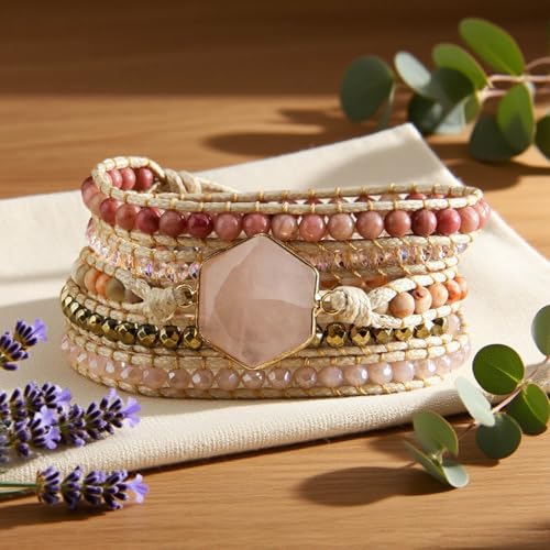 Handmade Boho Wrap Bracelets Natural Turquoise Crystal Stone Variety Beaded Strand Bracelet - color: Pink Quartz