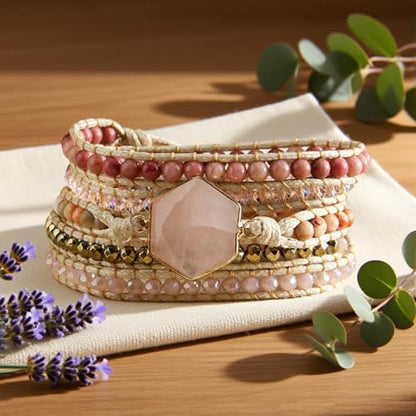 Handmade Boho Wrap Bracelets Natural Turquoise Crystal Stone Variety Beaded Strand Bracelet - color: Pink Quartz