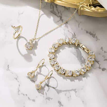 Jewelry Set for Bride, Sparkling Water Drop Cubic Zirconia Crystal Pendant Necklace Leverback Earrings Tennis Bracelet Adjustable Ring Gift for Wedding/Birthday/Mother's Day/Christmas - color: 09-Clear Gold-Plated-Brass