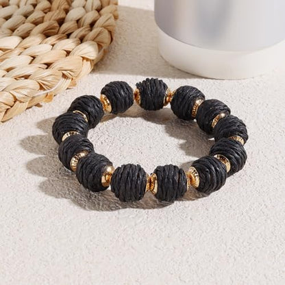 Coiris Rattan Raffia Woven Adjustable Boho Bracelet for Women | Handmade Bracelets Stretch Bracelet - color: Black