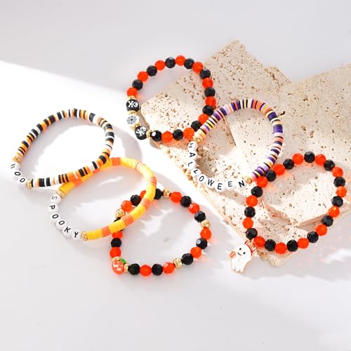 Boho Beaded Stretch Bracelets For Women Stackable Crystal Gold Plated Beaded Bracelets Set Trendy Handmade Friendship Braeclet Jewelry Gifts - color: K-Halloween