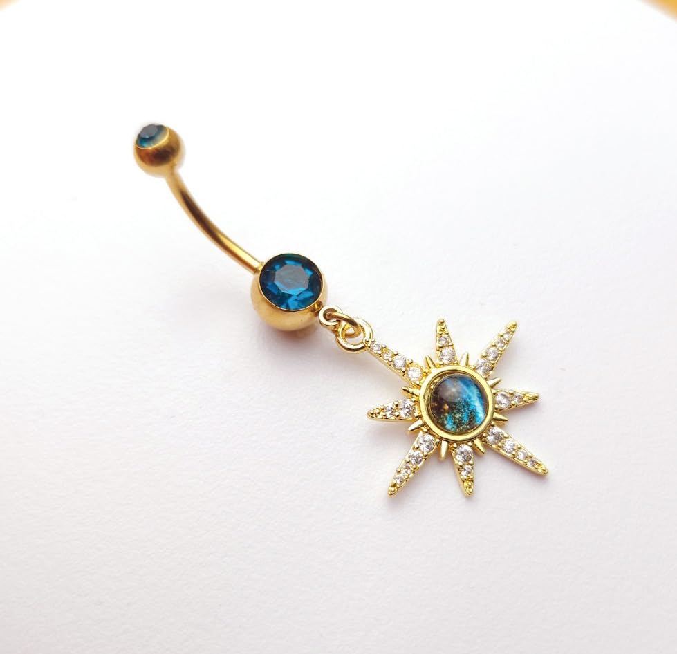 14G Blue CZ Evil Eye Sun Heart Dangle Belly Button Rings for Women 14K Gold Plated Surgical Steel Belly Navel Barbell Enamel Starry Sky Colorful Crystal Dangling Navel Rings Belly Piercing Jewelry - style: Style6