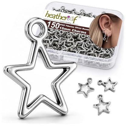 Heather's cf Star Charms for Jewelry Making Silver Tibetan Star Moon Snowflake Pendants Non Tarnish Metal Earring Charm for Bracelets Necklaces Earrings DIY Jewelry Making Supplies - color: Silver Star - 150Pc