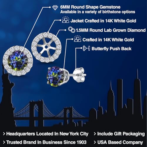 Gem Stone King 14K White Gold 6MM Round Gemstone Birthstone Stud Earrings with Removable Jackets and Lab Grown Diamond Accents | Gold Earrings For Women | Fine Jewelry Gift for Her Mom Women Wife - color: Blue Mystic Topaz