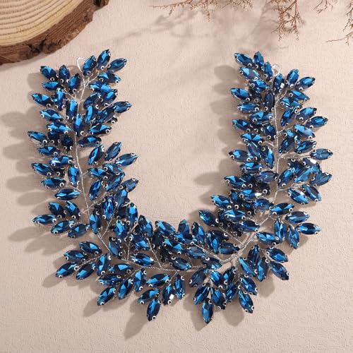 Missgrace Women Silver Green Black Red Blue Handmade Full Crystal Rhinestone Large Headband Hair Vine Shinny Headpiece Bridal Wedding Hair Accessories for Women (Lake blue) - color: Lake blue