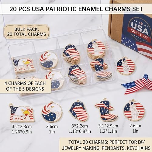 20 Pieces Patriotic USA Enamel Charms Set American Flag Eagle Statue of Liberty Cowboy Boot Designs for Jewelry Making