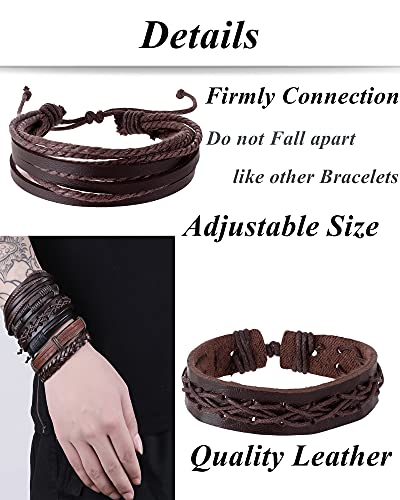 15Pcs Braided Leather Bracelet Boho Cuff Wrap String Wood Bead Woven Ethnic Stretch Wristbands Bracelets Set for Men Women Size Adjustable - style: A:15Pcs(Brown)