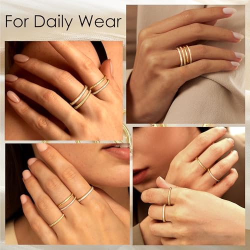 Florideco Stackable Rings for Women 14K Gold Plated Stackable Thin Ring Minimalist Non Tarnish Cubic Zirconia Band Rings Dainty Trendy Statement Stacking Ring Set Size 5-10