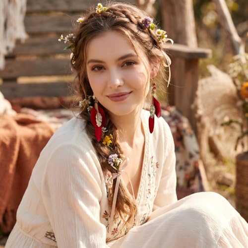 FRESHME Native American Earrings for Women - Ethnic Boho Feather Dangle Jewelry with Tessel for Birthday Party Photoshoot - color: Red