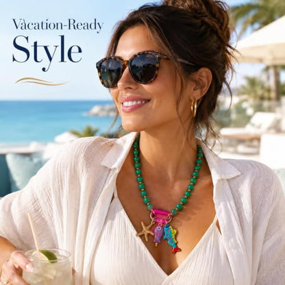 LIU JUN Colorful Beaded Necklace for Women, Chunky Boho Fish Starfish Conch Pendant Acrylic Bead Necklaces Cute Y2K Summer Beach Jewelry Gifts - color: Seahorse-1