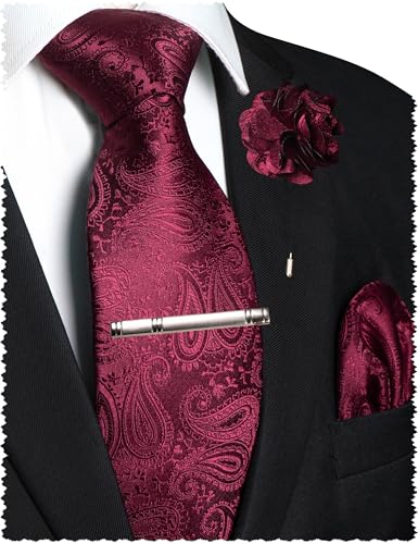 JEMYGINS Mens Paisley Tie and Lapel Pin Necktie Pocket Square and Tie Clip with Sets for Business Casual 4PCS - color: Burgundy