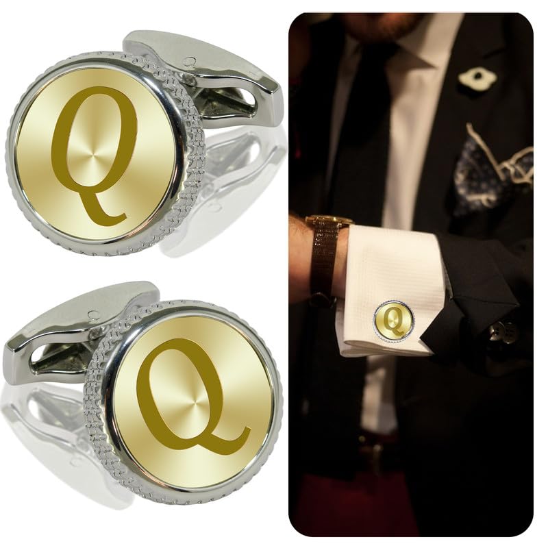 Mens Classic Stainless Steel Initial Cufflinks 26 Alphabet Letter Cufflinks Business Wedding Anniversary Birthday Tuxedo Studs Shirts A-Z (Q)