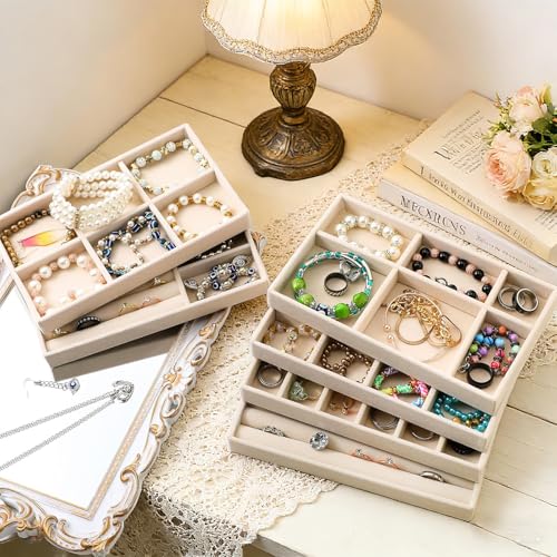 12Pcs Velvet Stackable Jewelry Trays, Jewelry Drawer Organizer, Large Removable Display Jewelry Tray, Necklace Bracelet Storage Box for Earring, Ring, Brooch, Watch (Beige) - color: 12 Pack-Beige