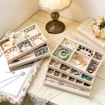 12Pcs Velvet Stackable Jewelry Trays, Jewelry Drawer Organizer, Large Removable Display Jewelry Tray, Necklace Bracelet Storage Box for Earring, Ring, Brooch, Watch (Beige) - color: 12 Pack-Beige