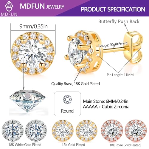 MDFUN Halo Stud Earrings 18K Gold Plated 5A+ Cubic Zirconia Round Earrings Hypoallergenic Ears Jewelry for Women Men - color: Yellow Gold
