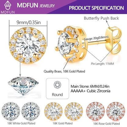 MDFUN Halo Stud Earrings 18K Gold Plated 5A+ Cubic Zirconia Round Earrings Hypoallergenic Ears Jewelry for Women Men - color: Yellow Gold