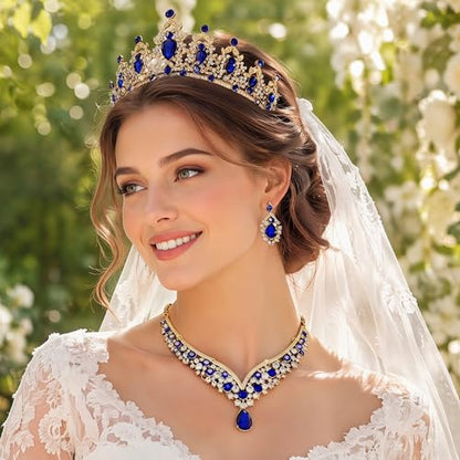 Tiaras and Crowns for Women,Tiaras Earrings Necklace, Crystal Bridal Jewelry Set - color: Blue