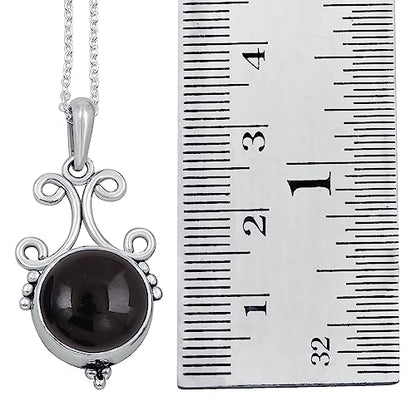 Natural Round Gemstone Pendant Necklace for Women, 925 Sterling Silver | Solitaire Birthstone Jewelry With 18 Inch Chain, Handmade Semi Precious Stone Pendant, Jewelry Gift for Mom, Wife & Sister - color: Black Onyx