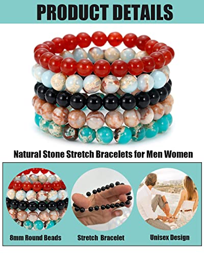 BOMAIL 5PCS Semi-Precious Gemstone Beaded Bracelet 8mm Round Beaded | Healing Crystal Stone, Stretch Bracelets, Unisex, Handmade,Elastic,Yoga Beads Bracelets,Jewelry Gift - color: A