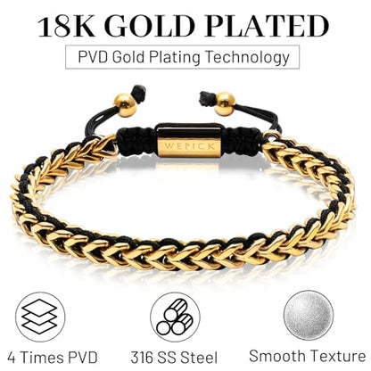 18K Gold-Plated Bracelets for Men Franco Link Chain Adjustable | Stainless Steel Bracelet, Gold Beads Bracelet, Handcrafted Braided, Mens Jewelry Birthday Gift for Men - color: Gold