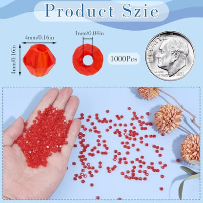 1000Pcs 4mm Faceted Crystal Glass Bicone Beads Loose Bead for DIY Bracelet Necklace Earring Keychain Jewelry Making,Ruby - color: Ruby