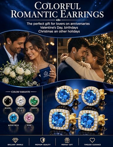 2 Pairs S925 Sterling Silver Stud Earrings for Women Halo Cubic Zirconia | 14K Gold Plated Hypoallergenic Non Tarnish Round Square Silver Stud Earring for Women Men Dainty Trendy Jewelry - style: Gold-Blue Stone
