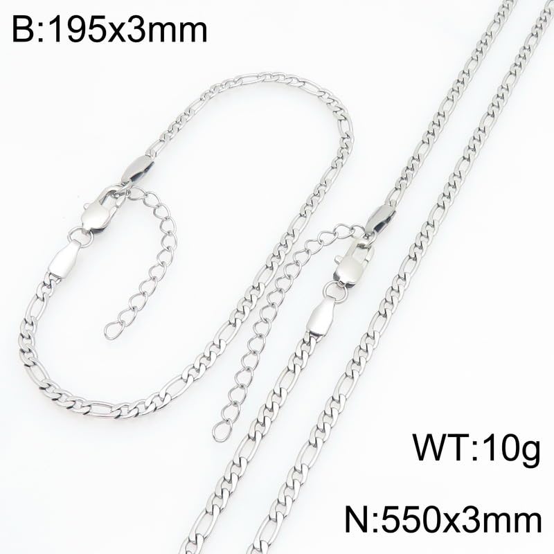 Kemstone Stainless Steel Figaro Cuban Bracelet Necklace Set for Men Women Jewelry - color: Silver 01