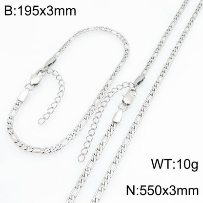 Kemstone Stainless Steel Figaro Cuban Bracelet Necklace Set for Men Women Jewelry - color: Silver 01