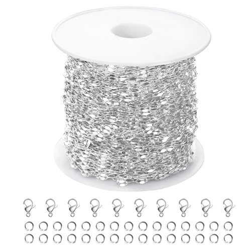 Kyutong Small Necklace Chain for Jewelry Making Stainless Steel Cable Link | 10 Meters Thin Craft Chain on Bulk Stainless Steel Jewelry Making Supplies with Lobster Clasps Jump Ring for Crafting - color: Silver Lip