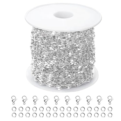 Kyutong Small Necklace Chain for Jewelry Making Stainless Steel Cable Link | 10 Meters Thin Craft Chain on Bulk Stainless Steel Jewelry Making Supplies with Lobster Clasps Jump Ring for Crafting - color: Silver Lip
