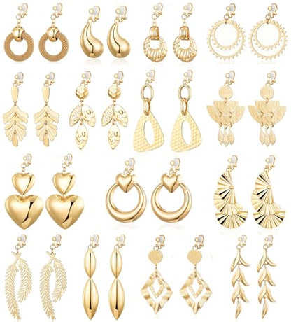 15 Pairs Gold Clip on Earrings for Women Fashion,Lightweight Fake Earrings Set - style: Style C