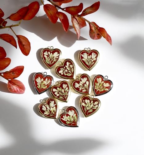 Handmade Dried Pressed Flower Heart Shaped Photo Locket Pendant Necklace - color: Gold, style: White Flower on Dark Red