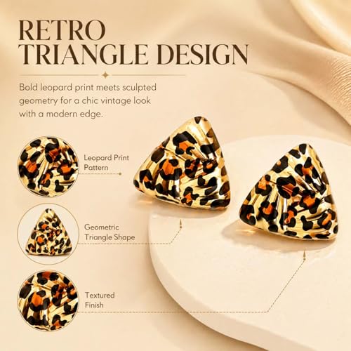 Golden Geometric Leopard Print Earrings for Women,Retro Gold Plated Square and Triangle Studs,Hypoallergenic Statement Jewelry,Fashion Animal Print Accessories Earring for Everyday & Party Wear - color: Triangle Leopard
