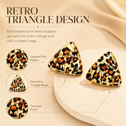 Golden Geometric Leopard Print Earrings for Women,Retro Gold Plated Square and Triangle Studs,Hypoallergenic Statement Jewelry,Fashion Animal Print Accessories Earring for Everyday & Party Wear - color: Triangle Leopard