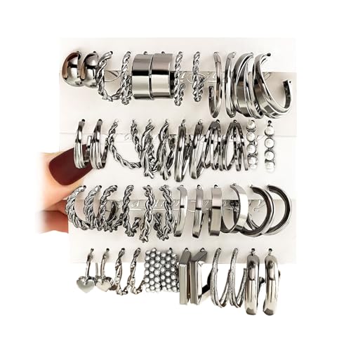 16-24 Pairs Gold Silver Black Earring Set for Women, Chunky Earring Multipack Punk Trendy Big Small Stud Hoop Earring Lightweight Twisted Pearl Ear Pack For Daily Birthday Party Gift - color: Silver Black