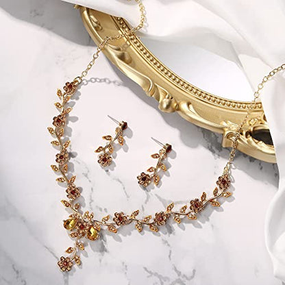 Women's Wedding Jewelry Set for Bride,Prom Bridal Accessories | Bling Crystal,Flower Leaf Cluster,Dangle Earrings Pendant Necklace Set,for Bridesmaid,Party Jewellery - color: 10-Champagne Gold-Plated-Base