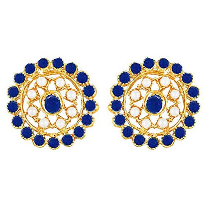 Aheli Pearl Diamond Choker Necklace & Round Earrings Gift for Women Indian Traditional Bollywood Fashion Bharatanatyam jewellery set - color: Blue & White