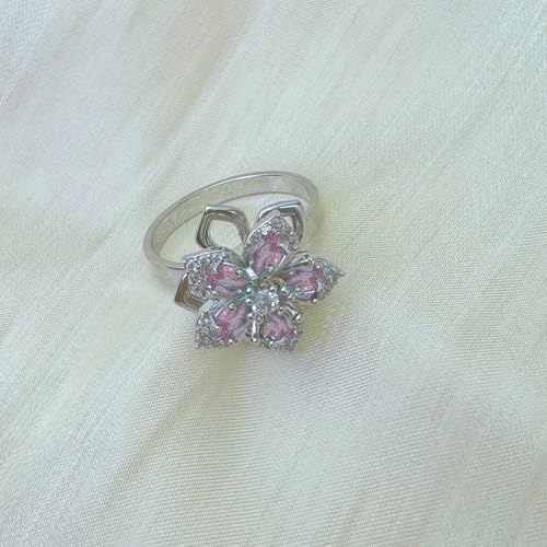 Sunflower Fidget Ring for Women Gold Anxiety Crystal Rings Cubic Zirconia Sunflower Open Adjustable Fidget Ring Spinner Sun Ring for Men Trendy Jewelry - color: Silver Pink