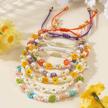 Daisy Pearl Flower Beaded Bracelets for Women, Colorful Floral Adjustable Rope Gold Seed Beads Stackable Boho Pearl Braided Flower Bracelet Stack Summer Jewelry Trendy Cute Friendship Gifts